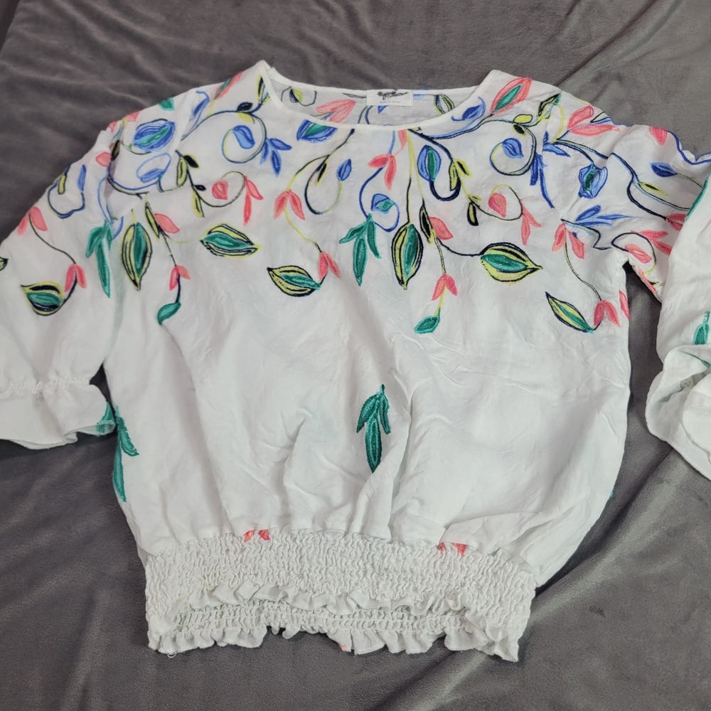 Sapphire Womens Large‎ White Floral Embroidered Smocked Hem Boho Peasant Blouse